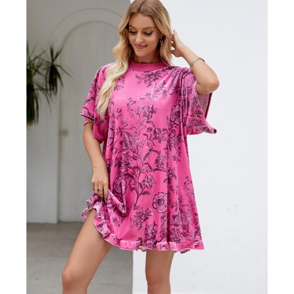 Women's Rose Vintage Velvet Dress Mini Floral Printed Short Sleeve - Picture 3 of 7